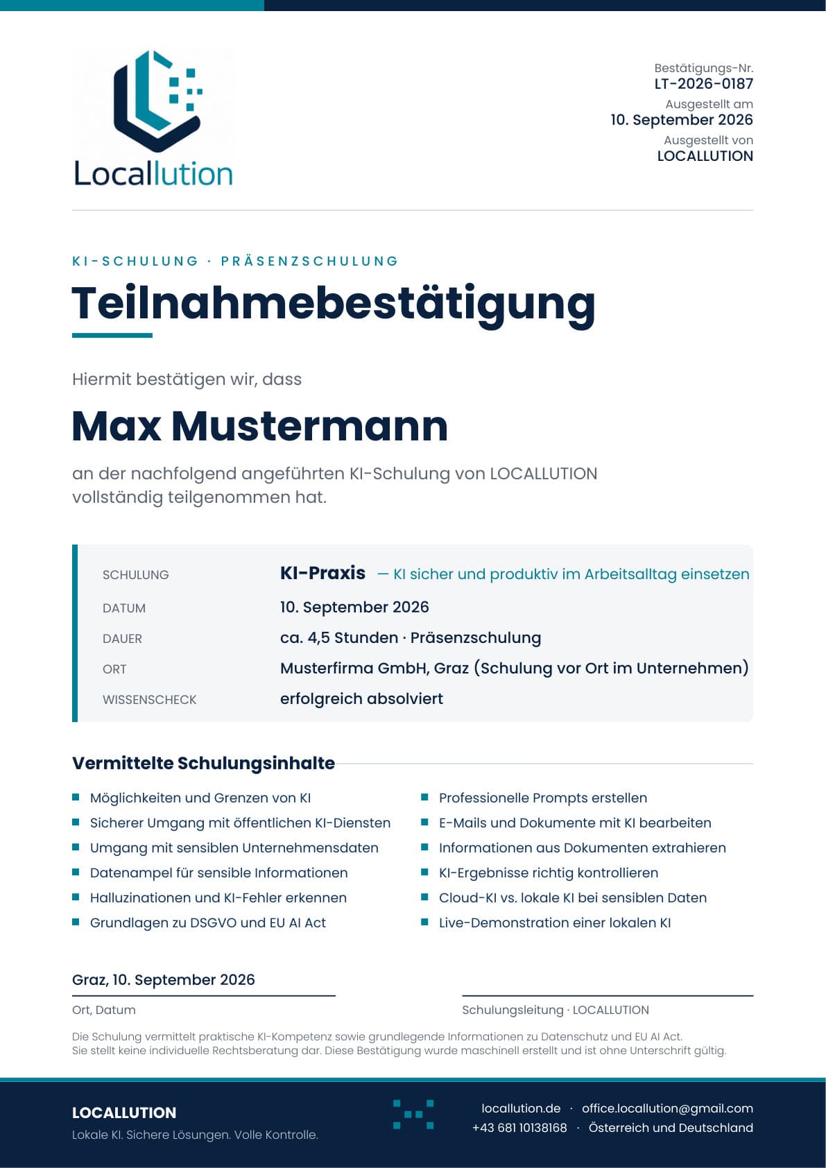 Muster einer Teilnahmebestätigung von LOCALLUTION: Kopf mit Logo und Bestätigungsnummer, Titel „Teilnahmebestätigung", Name Max Mustermann, Angaben zur Schulung KI-Praxis, vermittelte Inhalte, Ort und Datum.